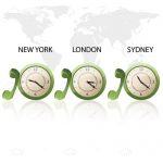 Trio of International Clocks with Map Background